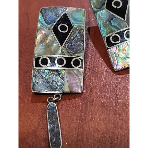Vintage Silver Alpaca Mexico Dangle Earrings Abalone Inlay Rectangle - Picture 6 of 11